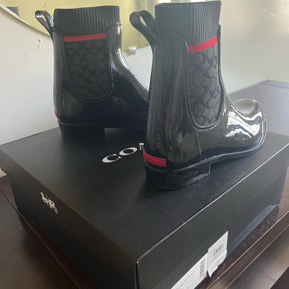 Coach Black Rain Boots with Red Trim